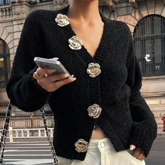 Black Casual Women's V-Neck Rose Button-Up knit sweater Cardigan - Picture 4 of 7